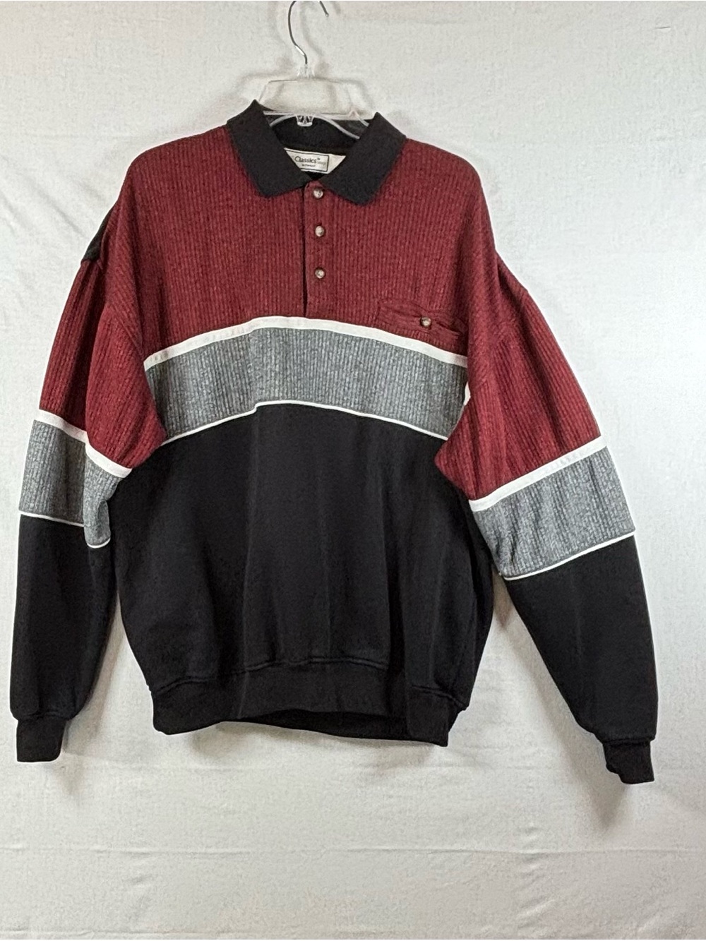Men's V-Neck Colorblock Sweater Pullover - Burgundy, Gray & Black